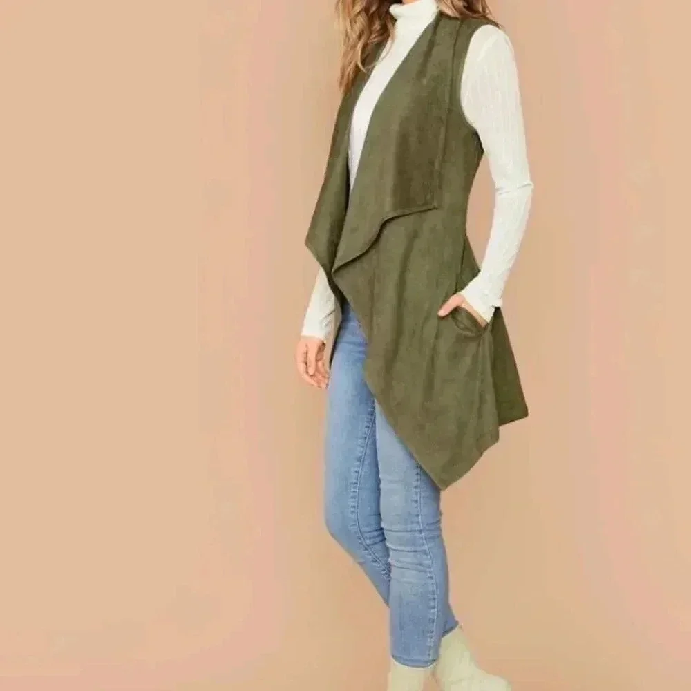 Waterfall collar self Belted asymmetrical hem vest